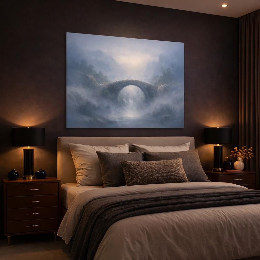 Mist Depth Stone Bridge shown as canvas wall art in a luxury bedroom