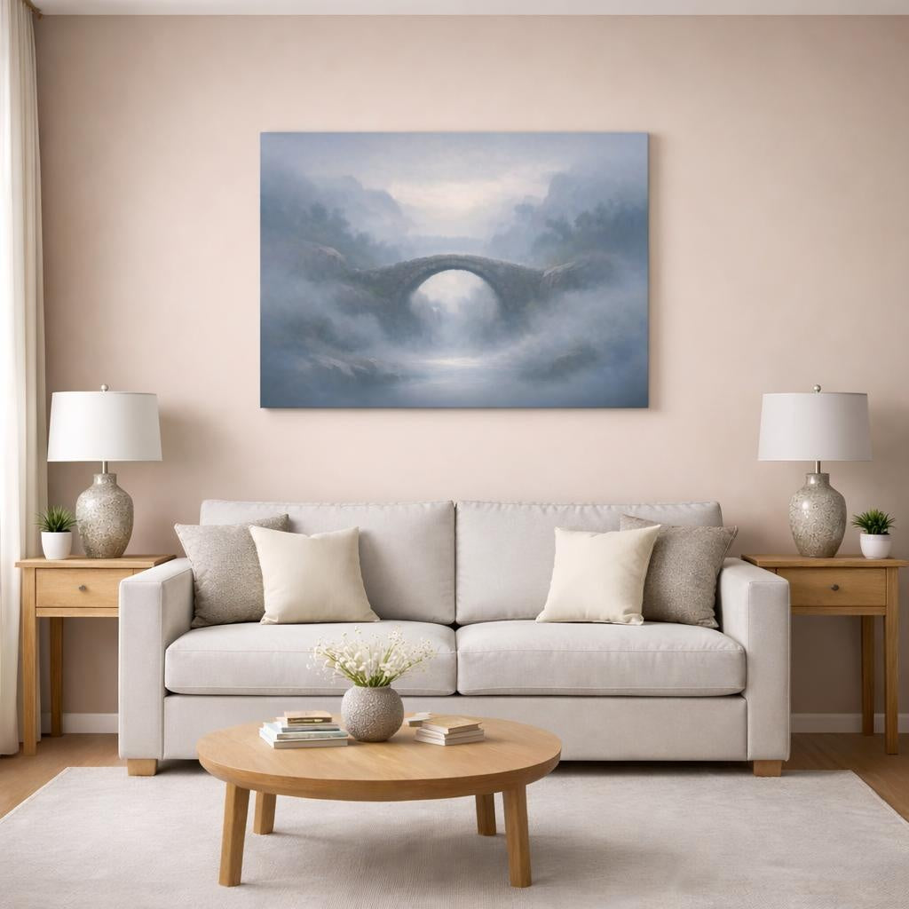 Mist Depth Stone Bridge shown as canvas wall art in a modern living room