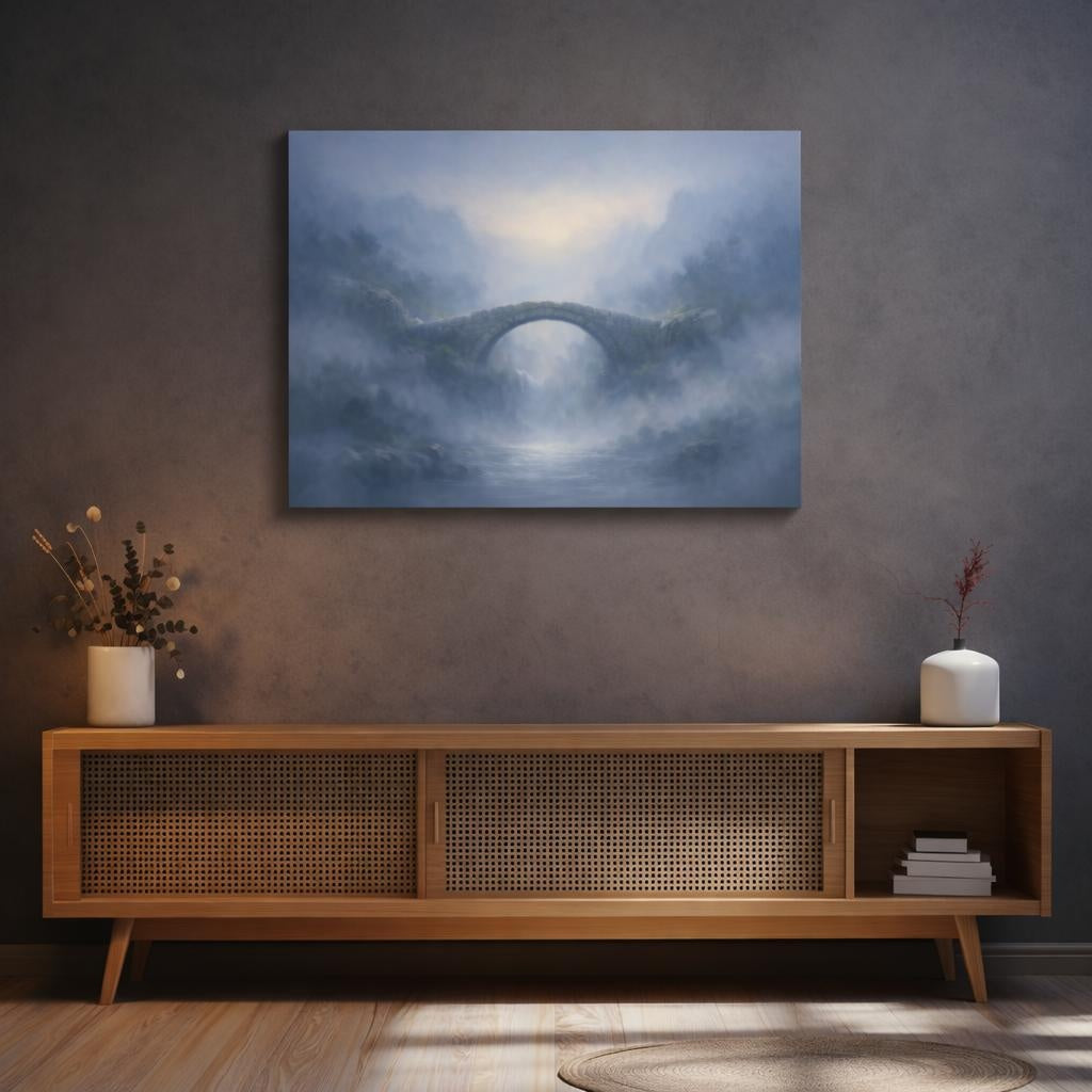Mist Depth Stone Bridge shown as canvas wall art in a luxury executive office