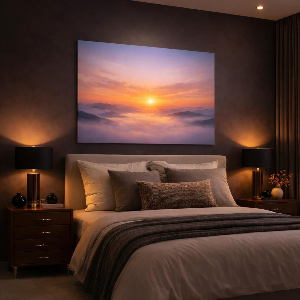Mist Depth Sunset Horizon shown as canvas wall art in a luxury bedroom