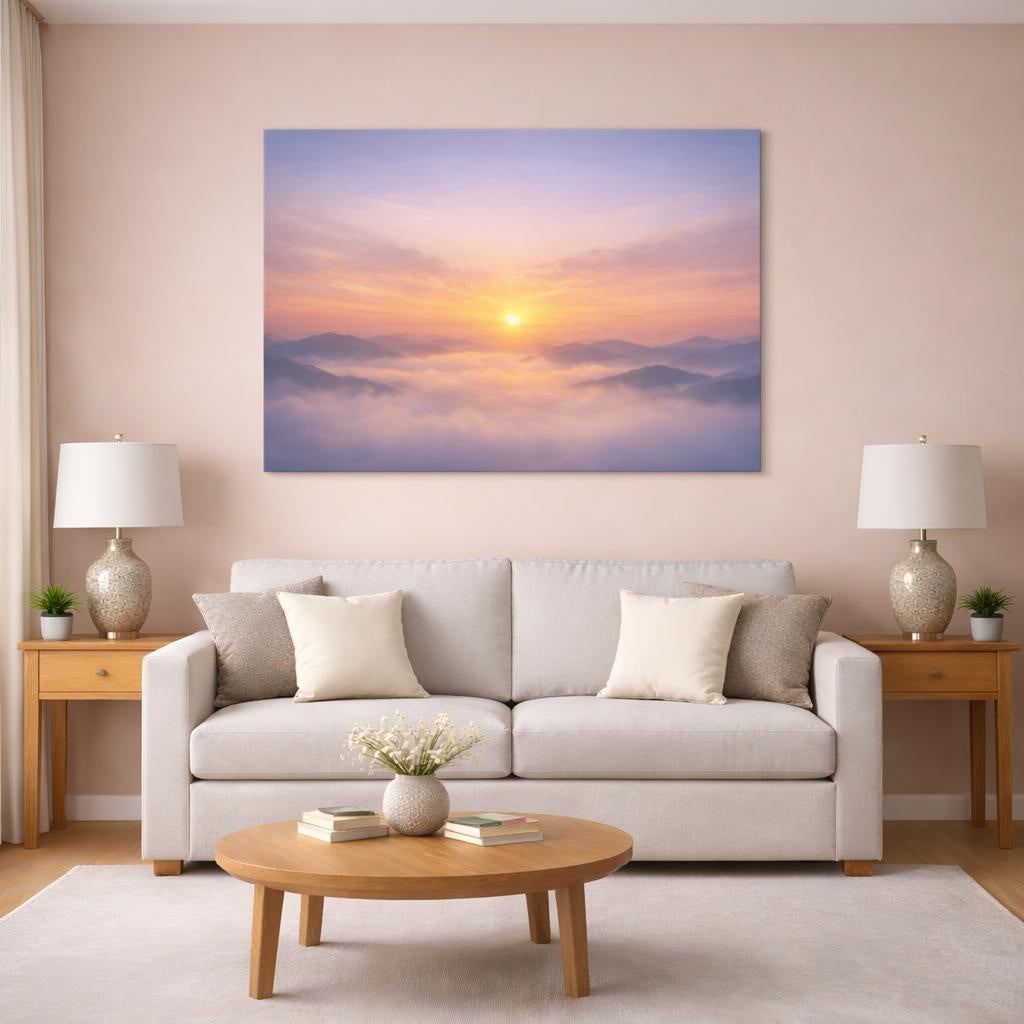 Mist Depth Sunset Horizon shown as canvas wall art in a modern living room