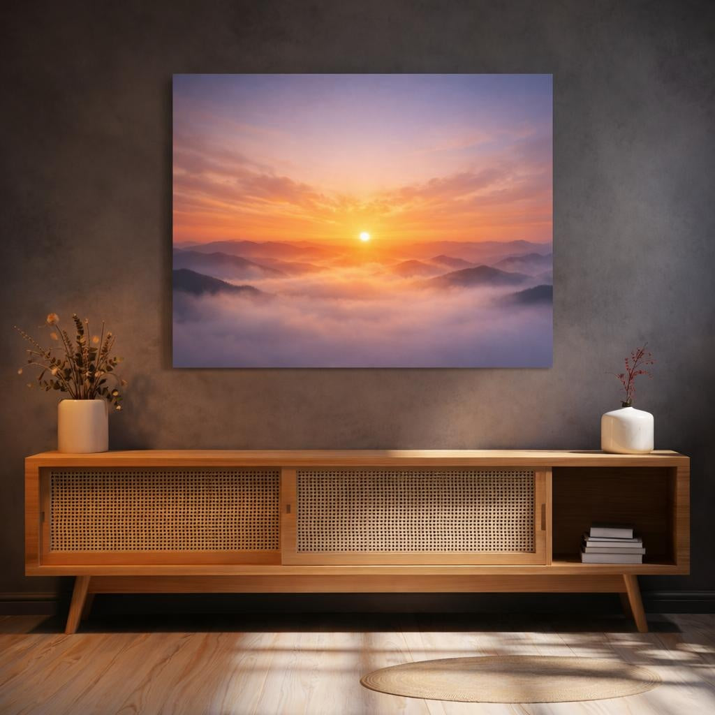 Mist Depth Sunset Horizon shown as canvas wall art in a refined dining room