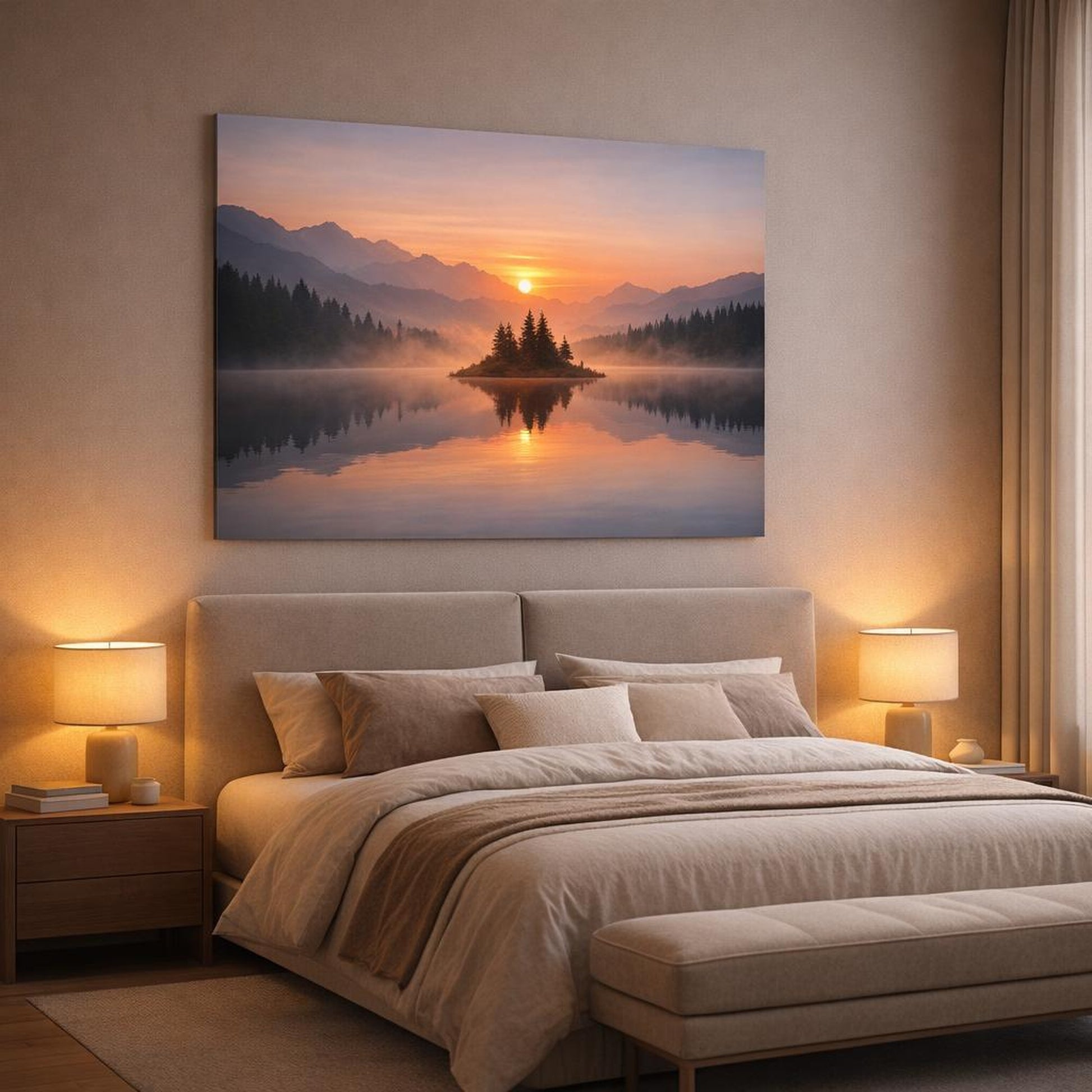 Mist Depth Sunset Reflection shown as canvas wall art in a luxury bedroom