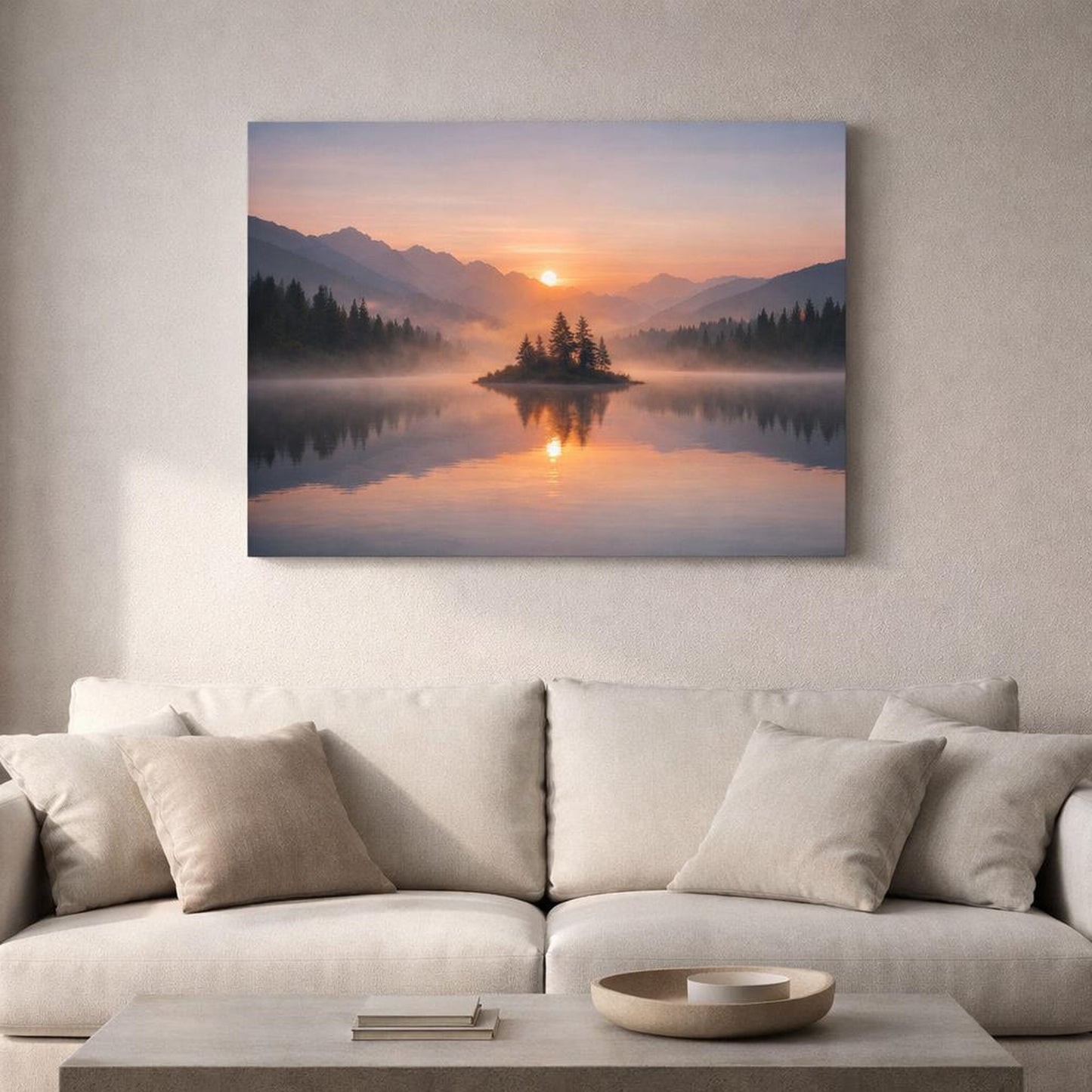 Mist Depth Sunset Reflection shown as canvas wall art in a refined dining room