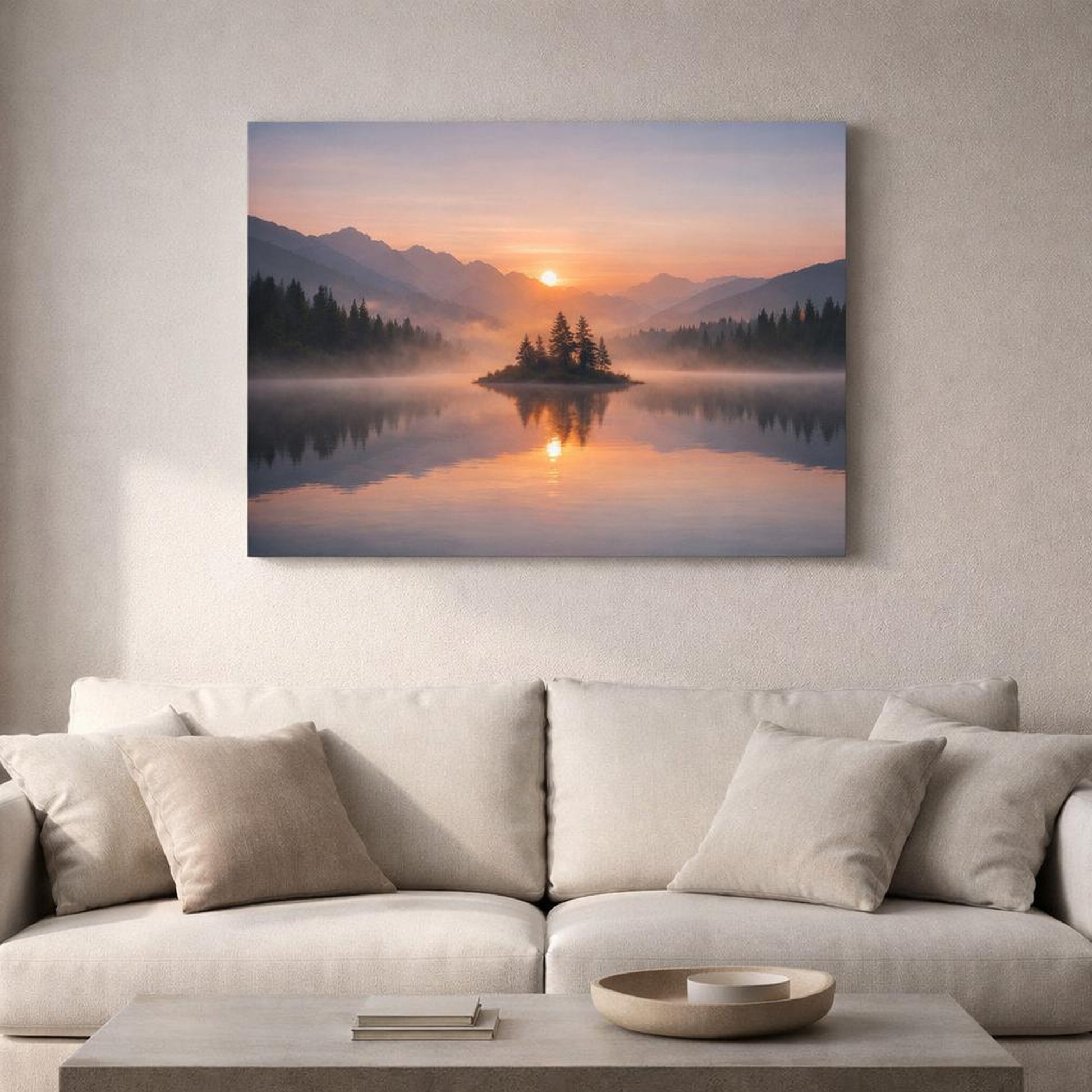 Mist Depth Sunset Reflection shown as canvas wall art in a refined dining room