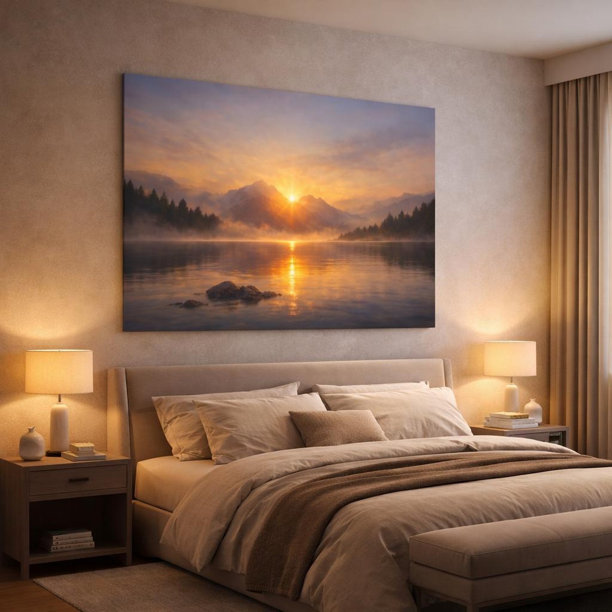 Mist Depth Sunset Water shown as canvas wall art in a luxury bedroom