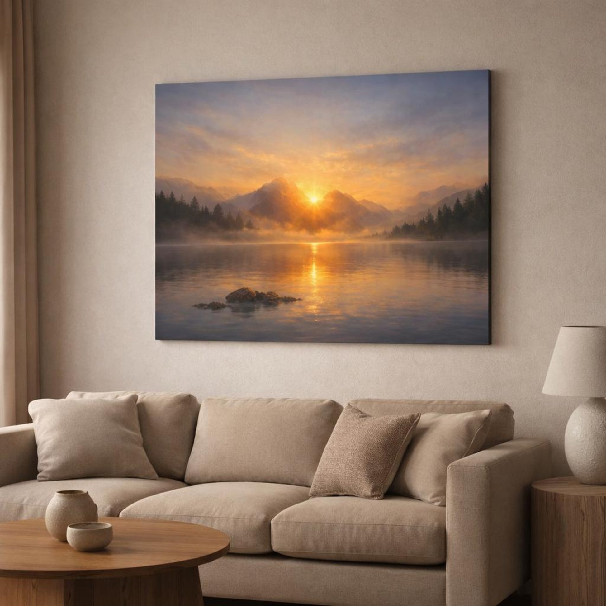 Mist Depth Sunset Water shown as canvas wall art in a modern living room