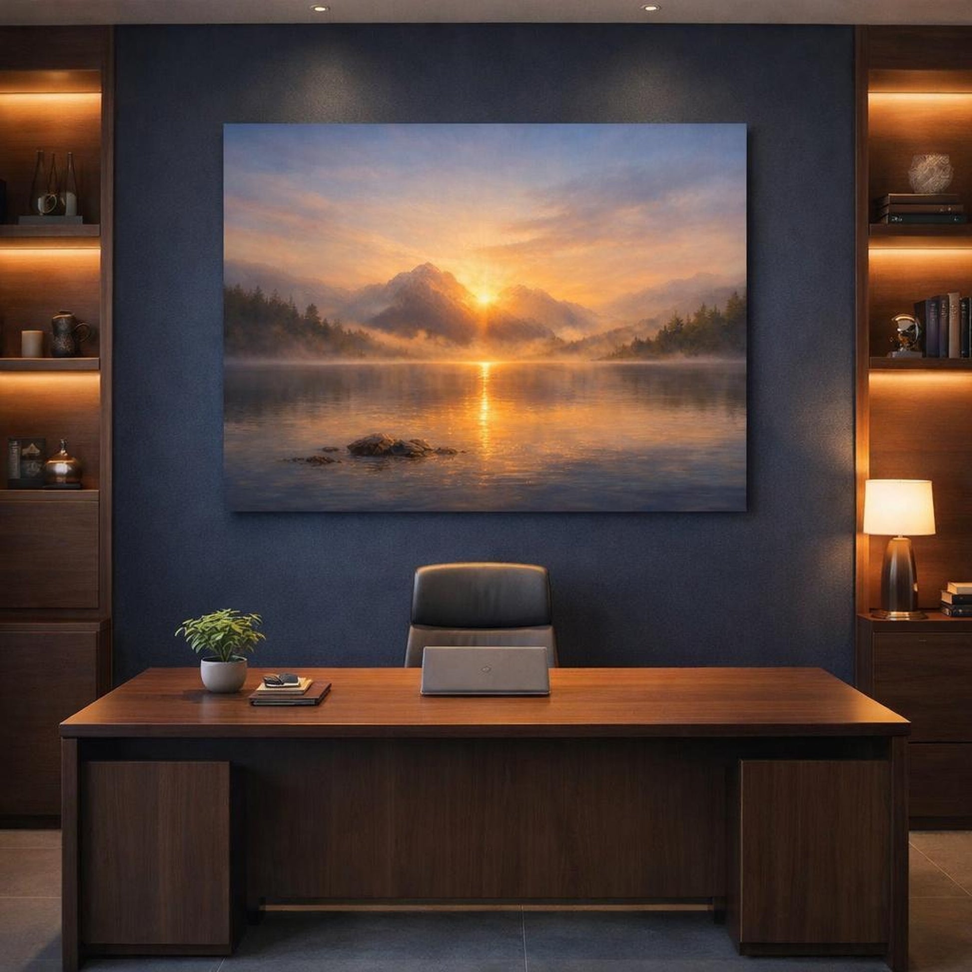 Mist Depth Sunset Water shown as canvas wall art in a refined dining room