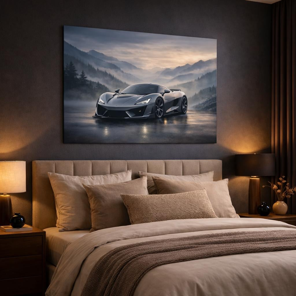 Mist Depth Supercar shown as canvas wall art in a luxury bedroom