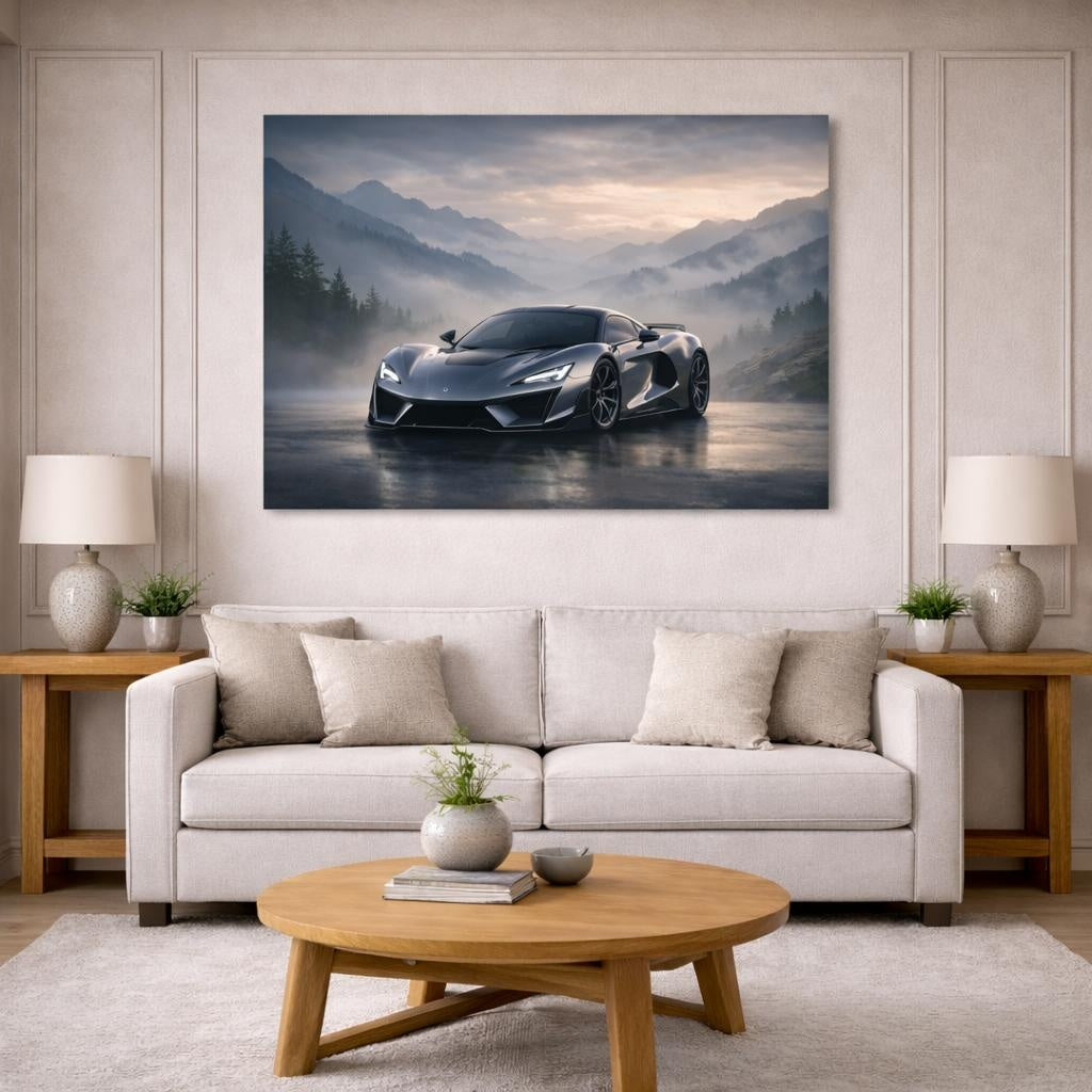 Mist Depth Supercar shown as canvas wall art in a modern living room