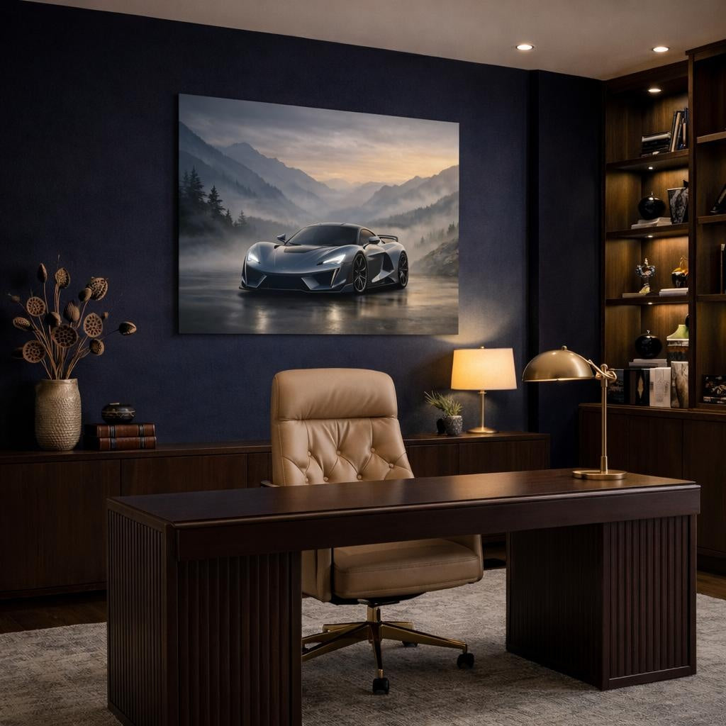Mist Depth Supercar shown as canvas wall art in a refined dining room