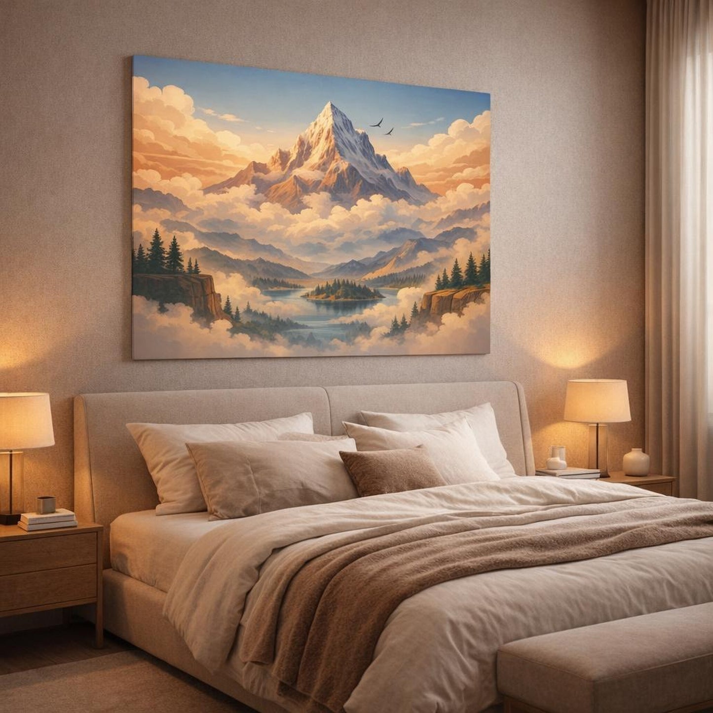 Mist Depth Travel Posters shown as canvas wall art in a luxury bedroom