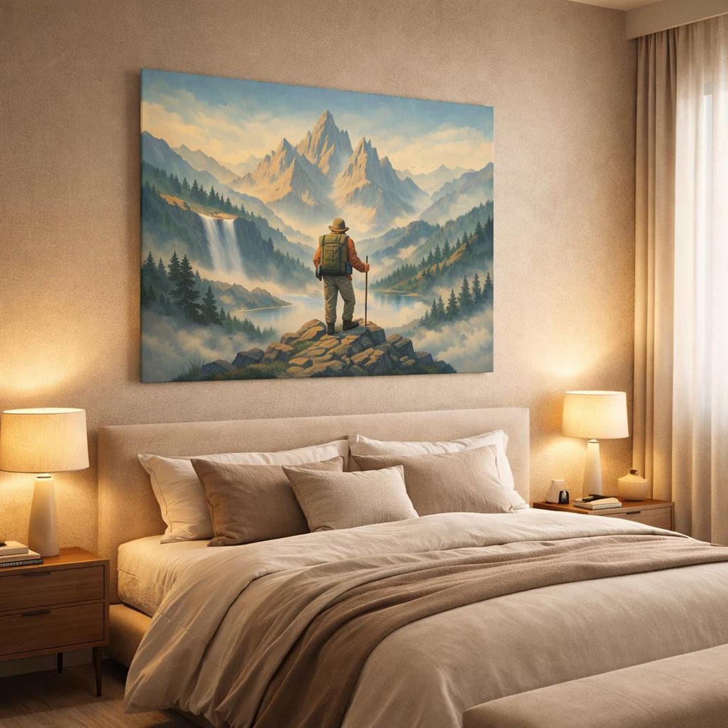 Mist Depth Travel Posters shown as canvas wall art in a luxury bedroom