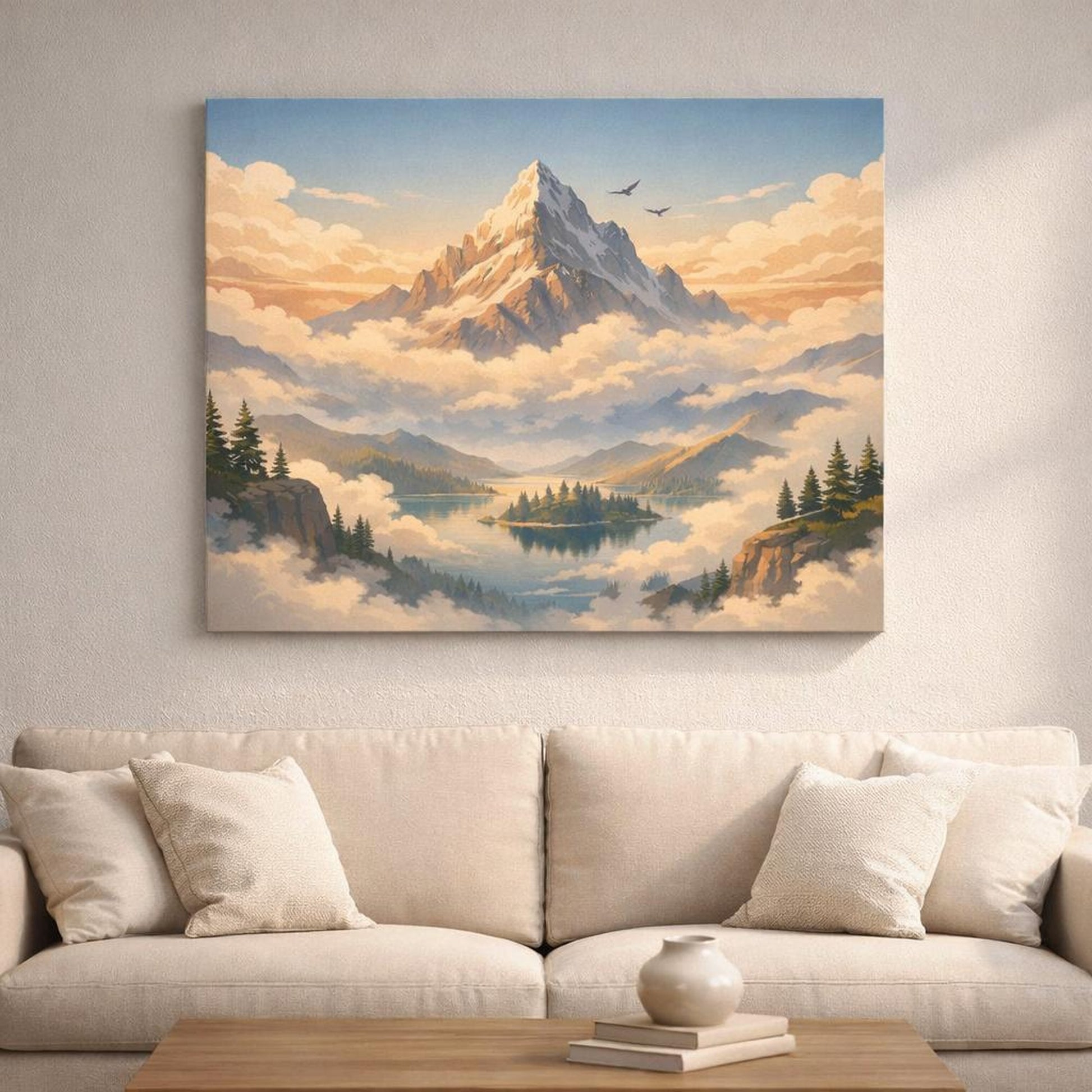 Mist Depth Travel Posters shown as canvas wall art in a refined dining room