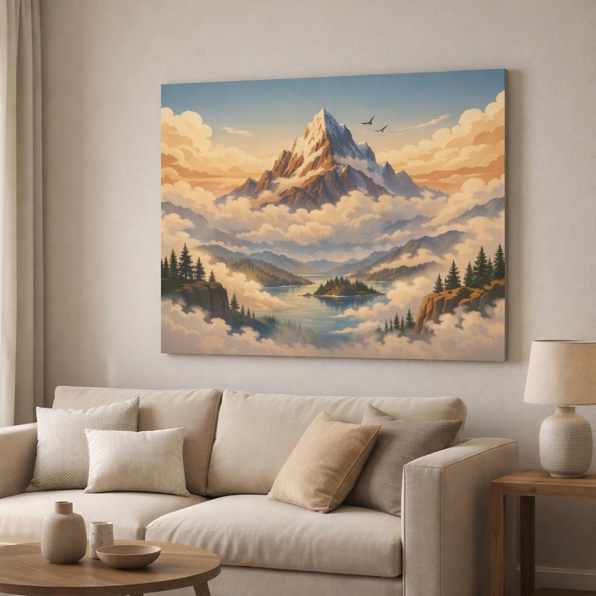 Mist Depth Travel Posters shown as canvas wall art in a modern living room