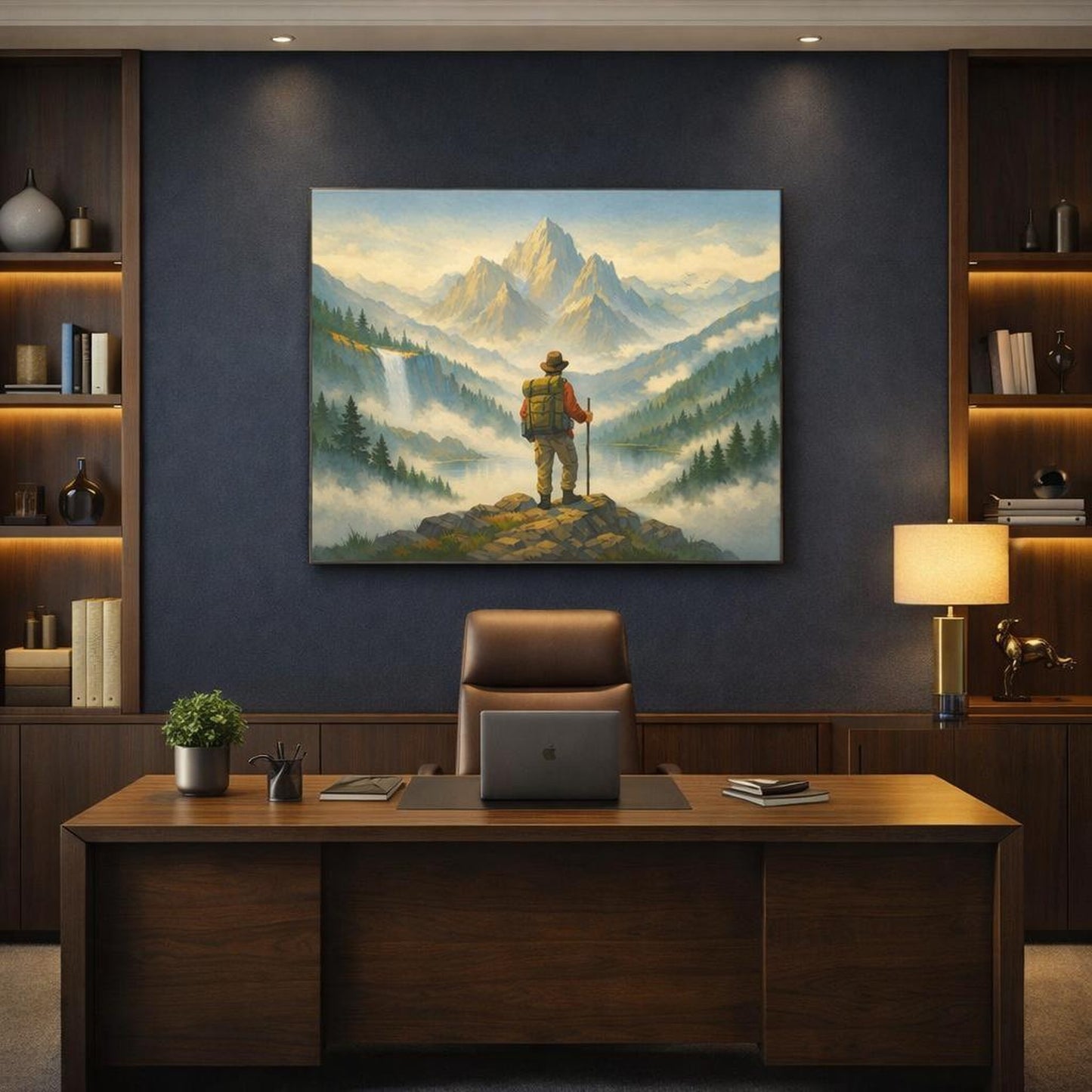 Mist Depth Travel Posters shown as canvas wall art in a refined dining room