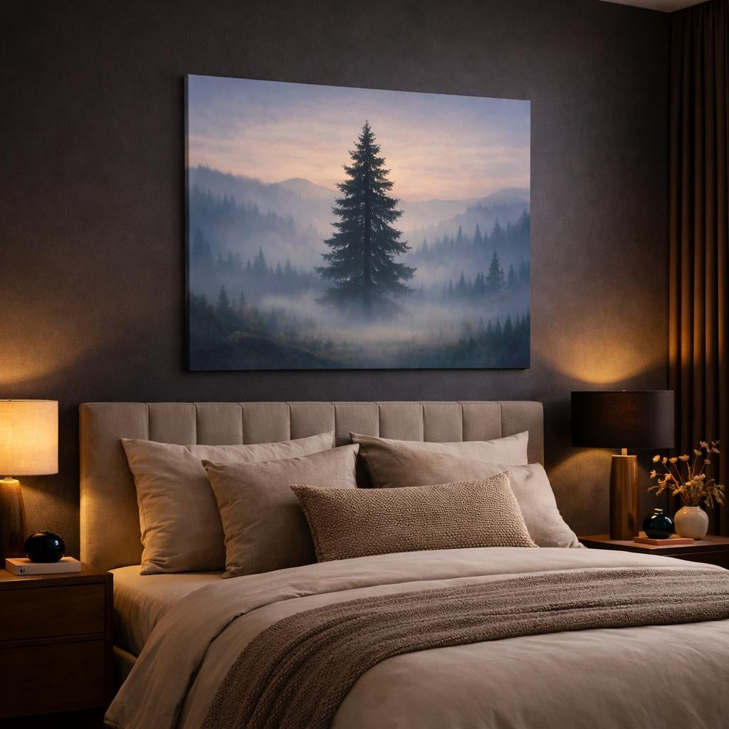 Mist Depth Tree Silhouette shown as canvas wall art in a luxury bedroom
