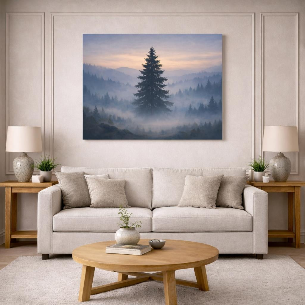 Mist Depth Tree Silhouette shown as canvas wall art in a modern living room