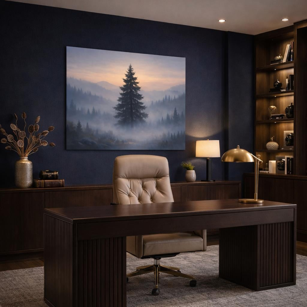 Mist Depth Tree Silhouette shown as canvas wall art in a refined dining room