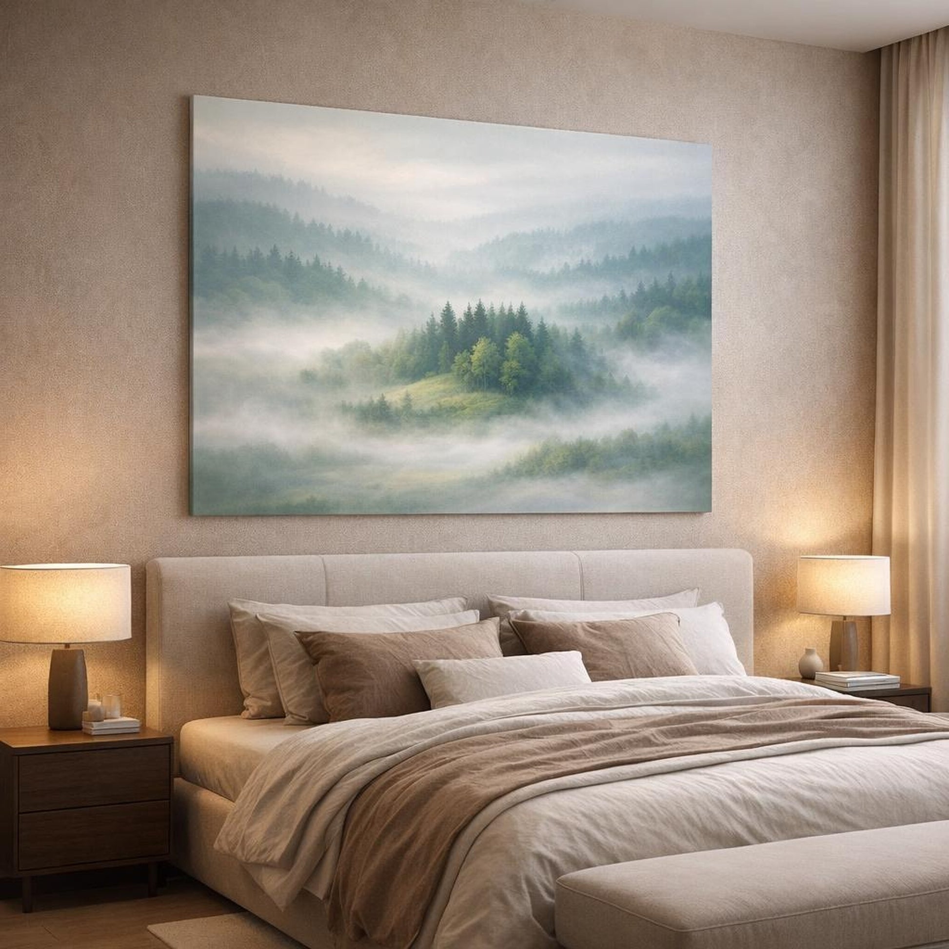 Mist Depth Trees Green shown as canvas wall art in a luxury bedroom