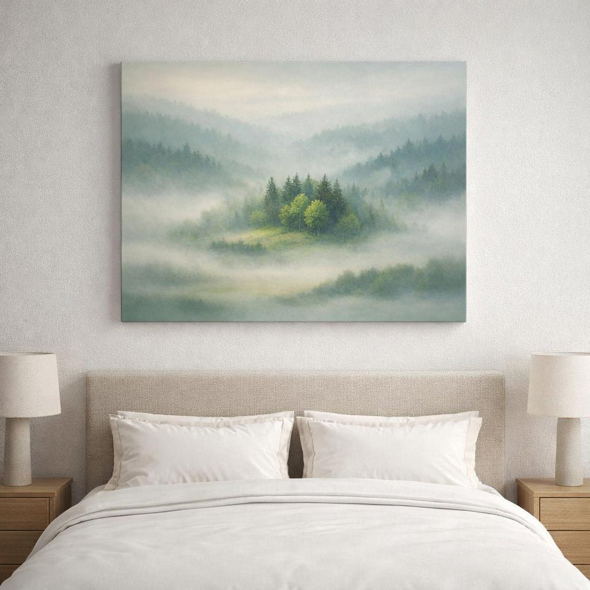 Mist Depth Trees Green shown as canvas wall art in a luxury executive office