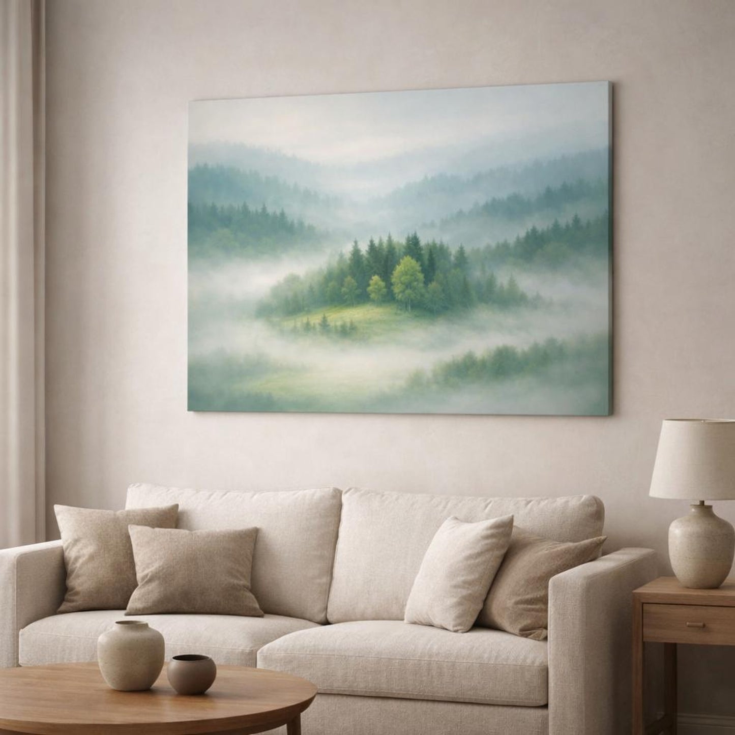 Mist Depth Trees Green shown as canvas wall art in a modern living room