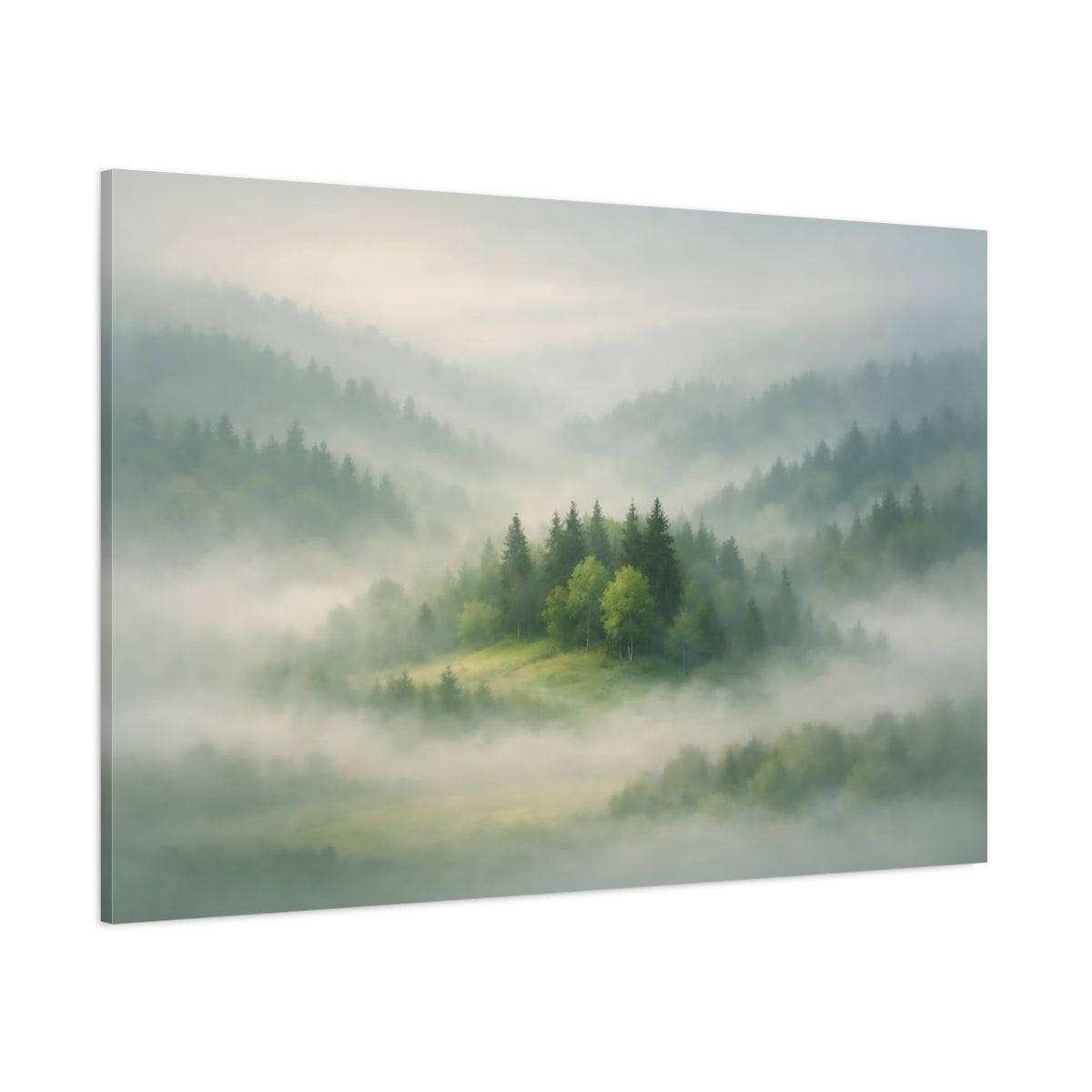 Mist Depth Trees Green shown as stretched canvas wall art