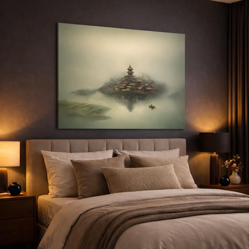 Mist Depth Waterway Village shown as canvas wall art in a luxury bedroom