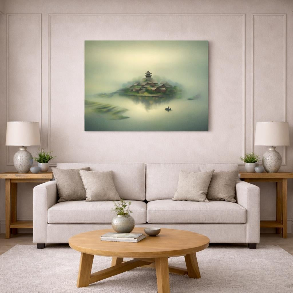 Mist Depth Waterway Village shown as canvas wall art in a modern living room