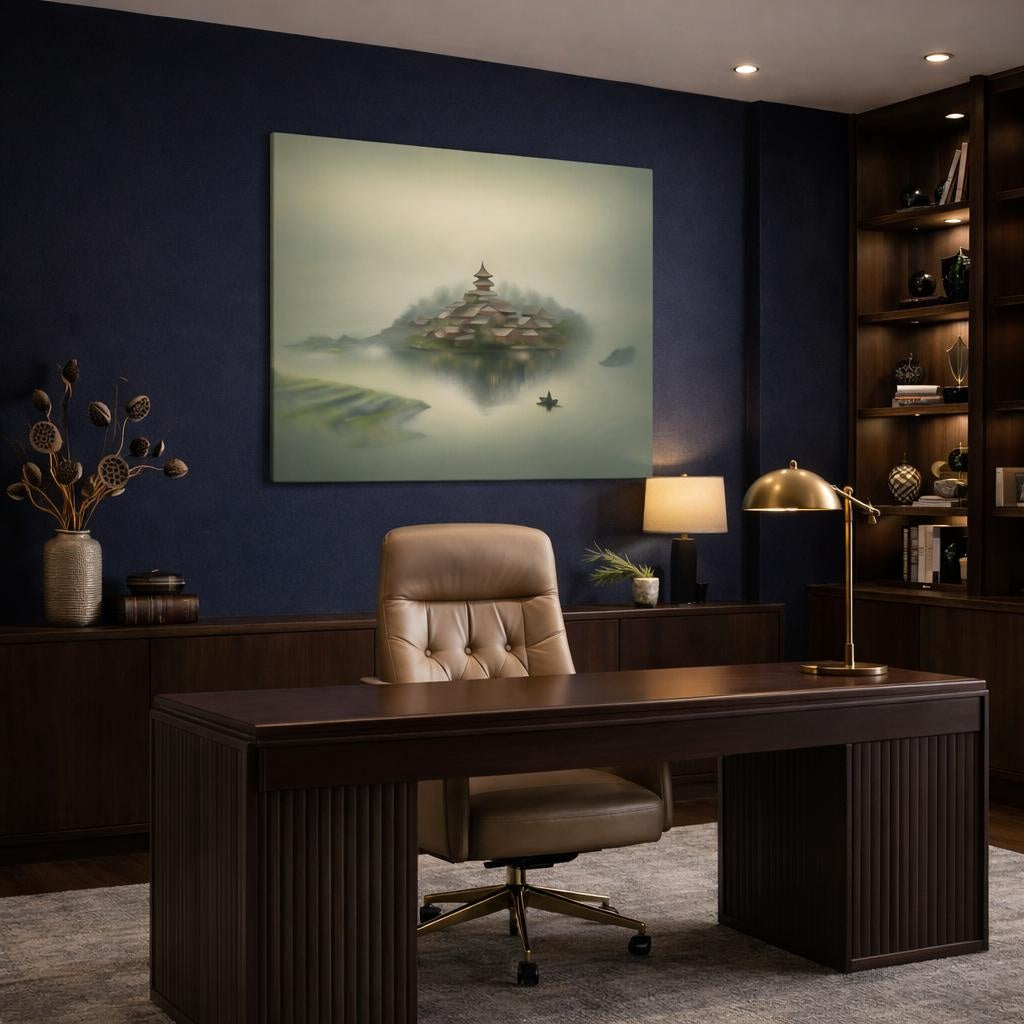 Mist Depth Waterway Village shown as canvas wall art in a luxury executive office