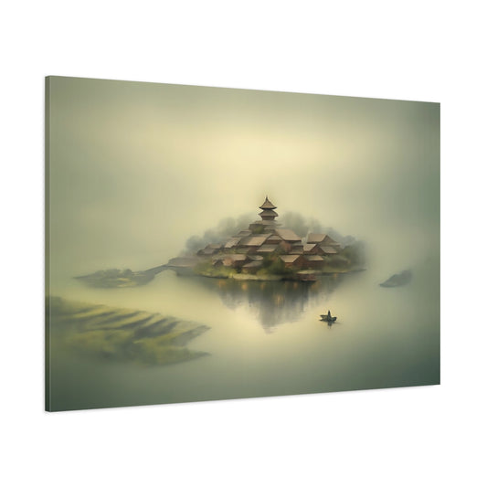 Mist Depth Waterway Village shown as stretched canvas wall art