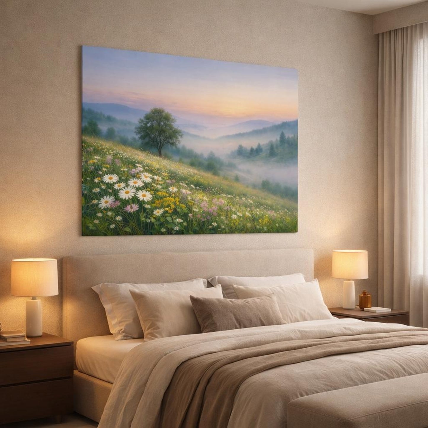 Mist Depth Wildflowers Countryside shown as canvas wall art in a luxury bedroom