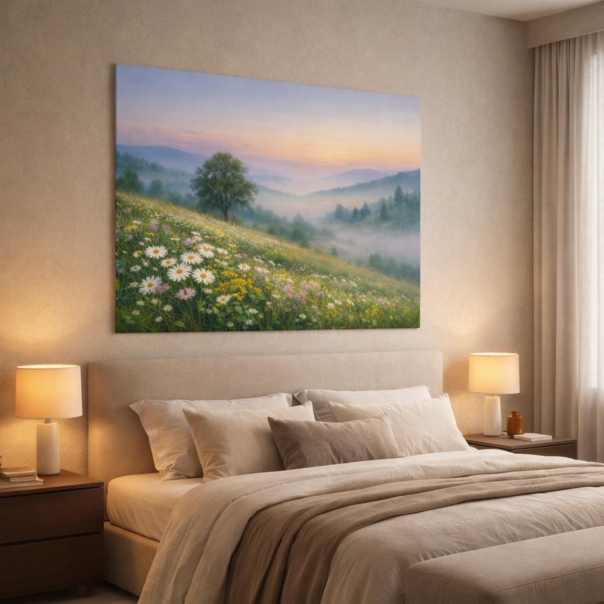 Mist Depth Wildflowers Countryside shown as canvas wall art in a luxury bedroom