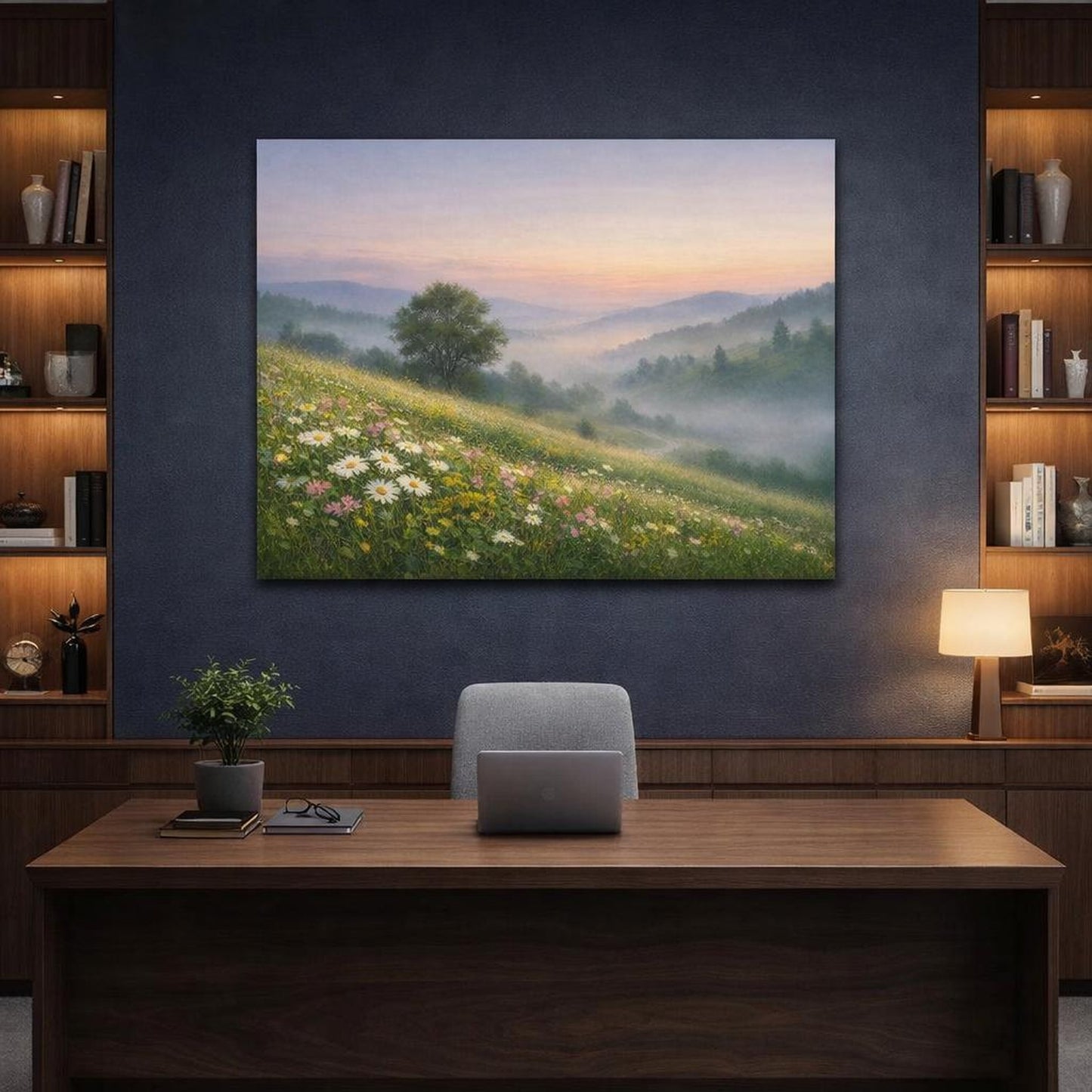 Mist Depth Wildflowers Countryside shown as canvas wall art in a refined dining room