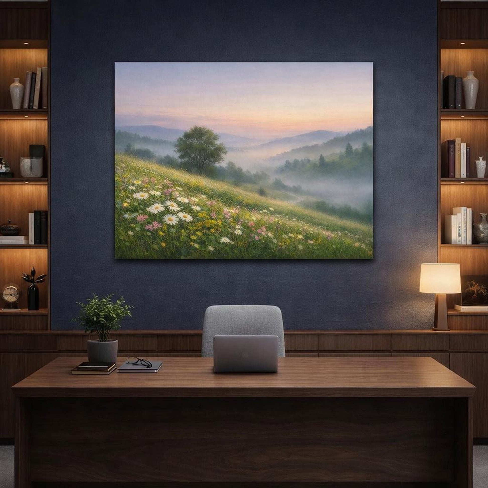 Mist Depth Wildflowers Countryside shown as canvas wall art in a refined dining room