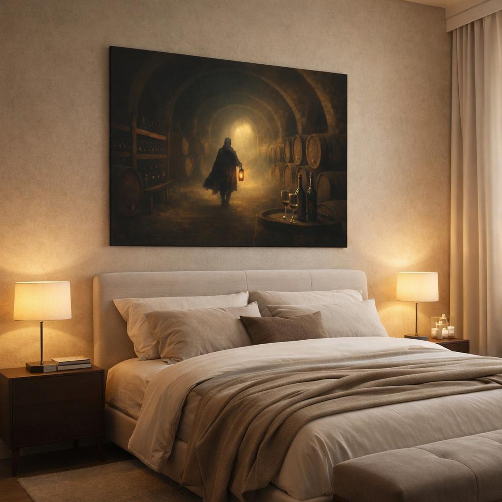 Mist Depth Wine Cellar shown as canvas wall art in a luxury bedroom