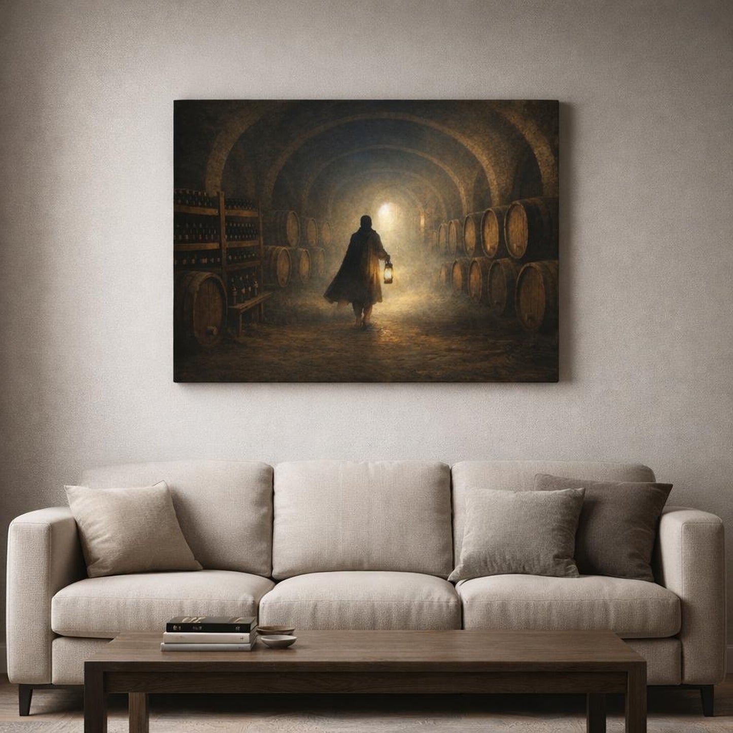 Mist Depth Wine Cellar shown as canvas wall art in a refined dining room