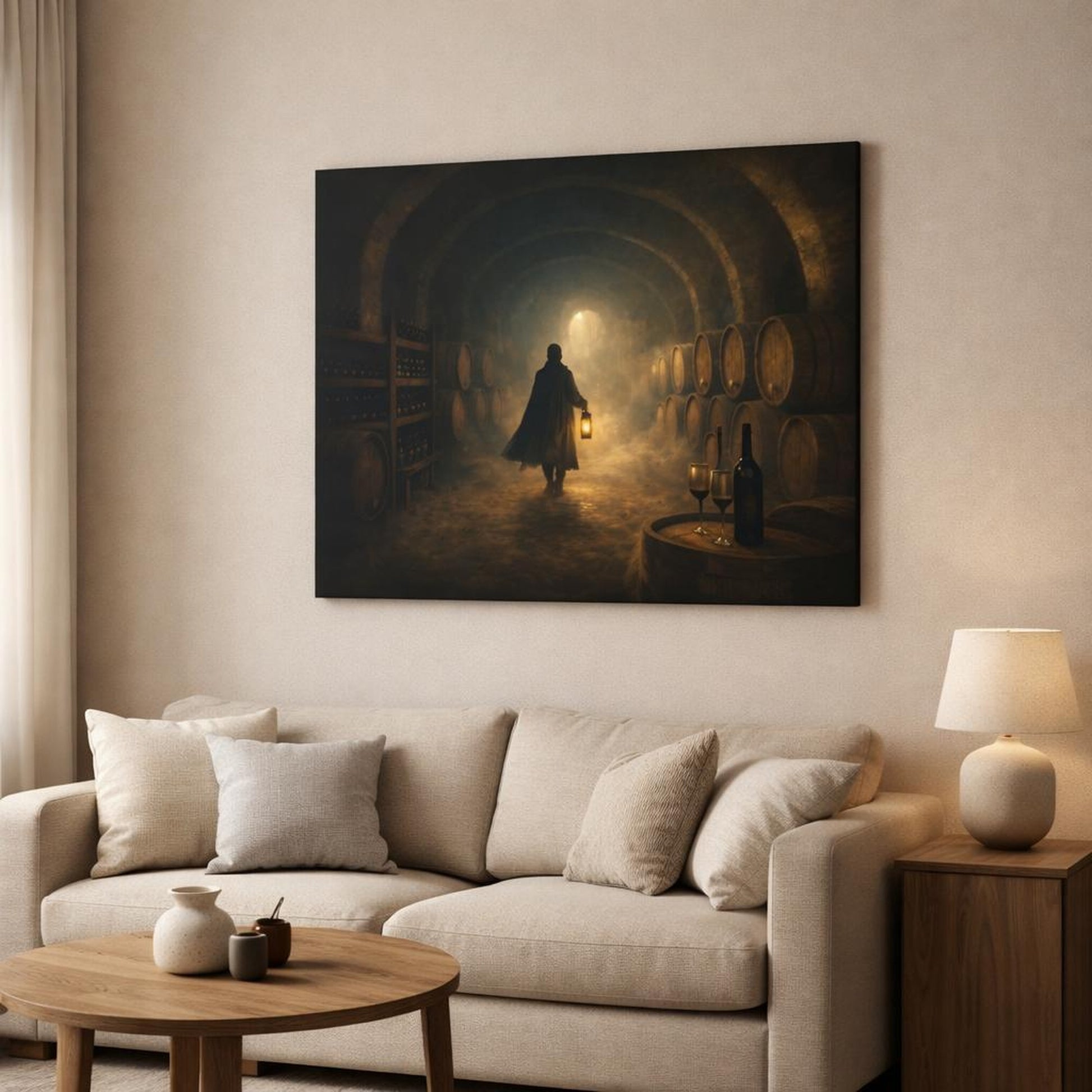 Mist Depth Wine Cellar shown as canvas wall art in a modern living room