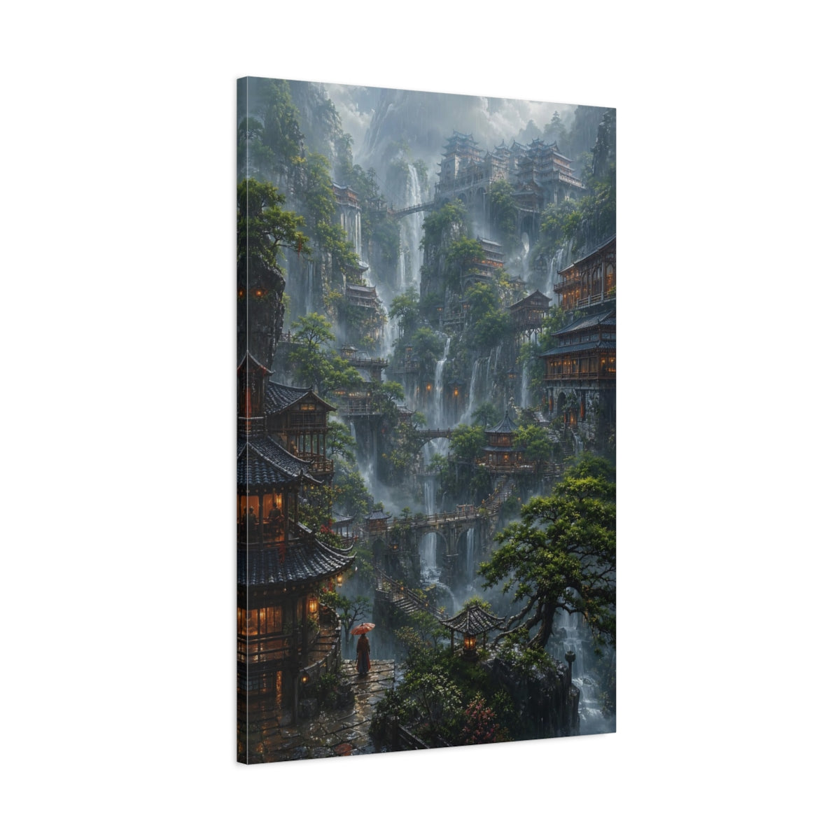 Main Mockup. Mistbound Mountain Temples shown as canvas print