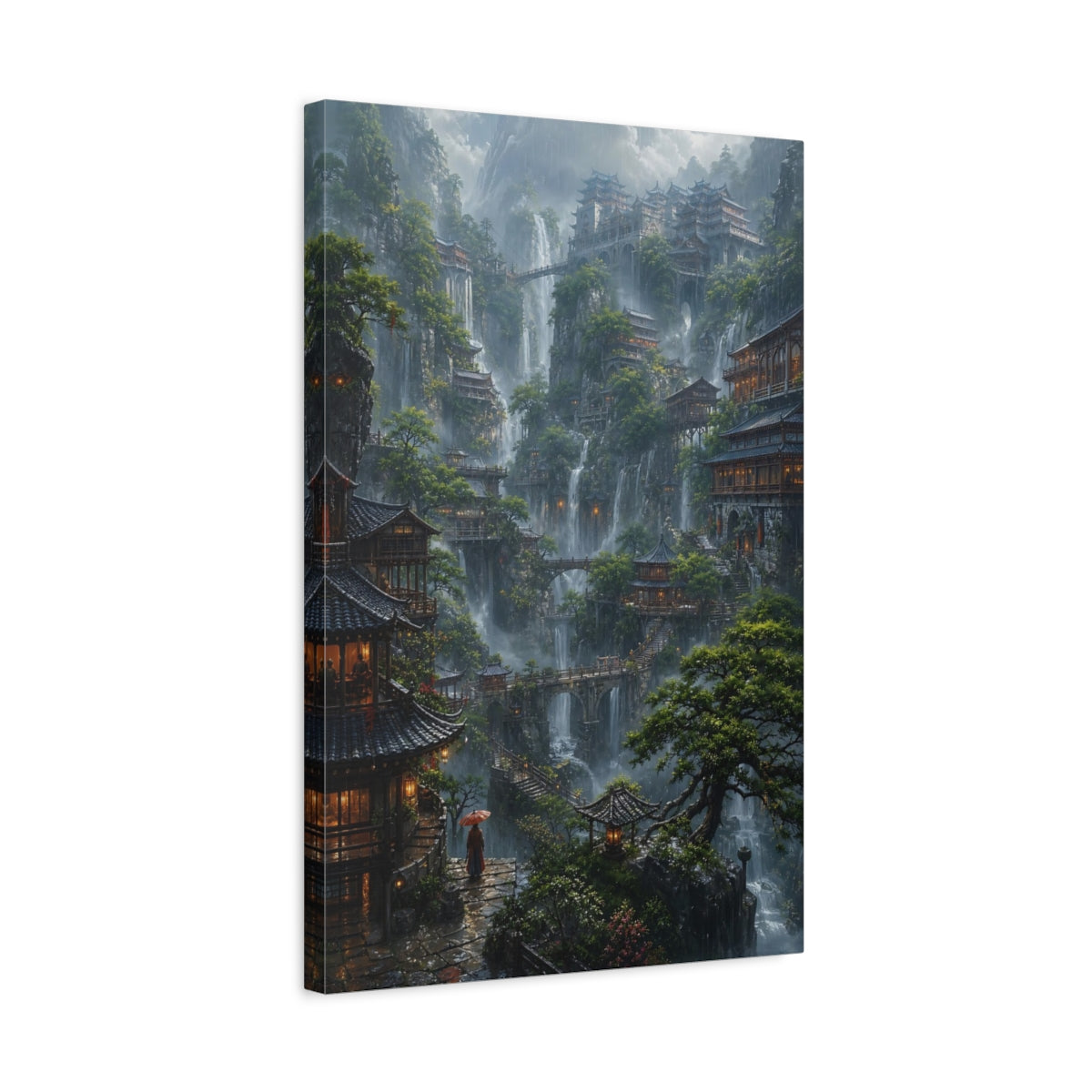 Side Mockup 3. Mistbound Mountain Temples shown as canvas print