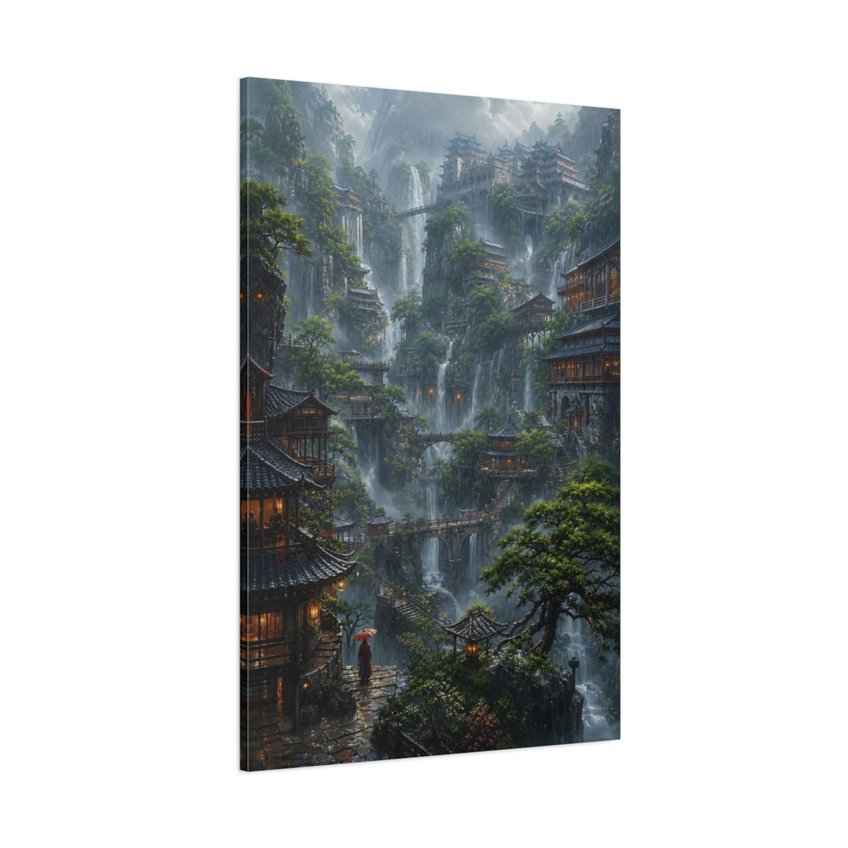 Side Mockup 1. Mistbound Mountain Temples shown as canvas print