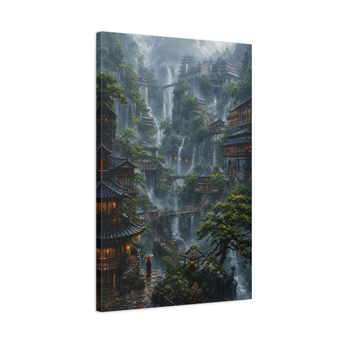 Side Mockup 2. Mistbound Mountain Temples shown as canvas print