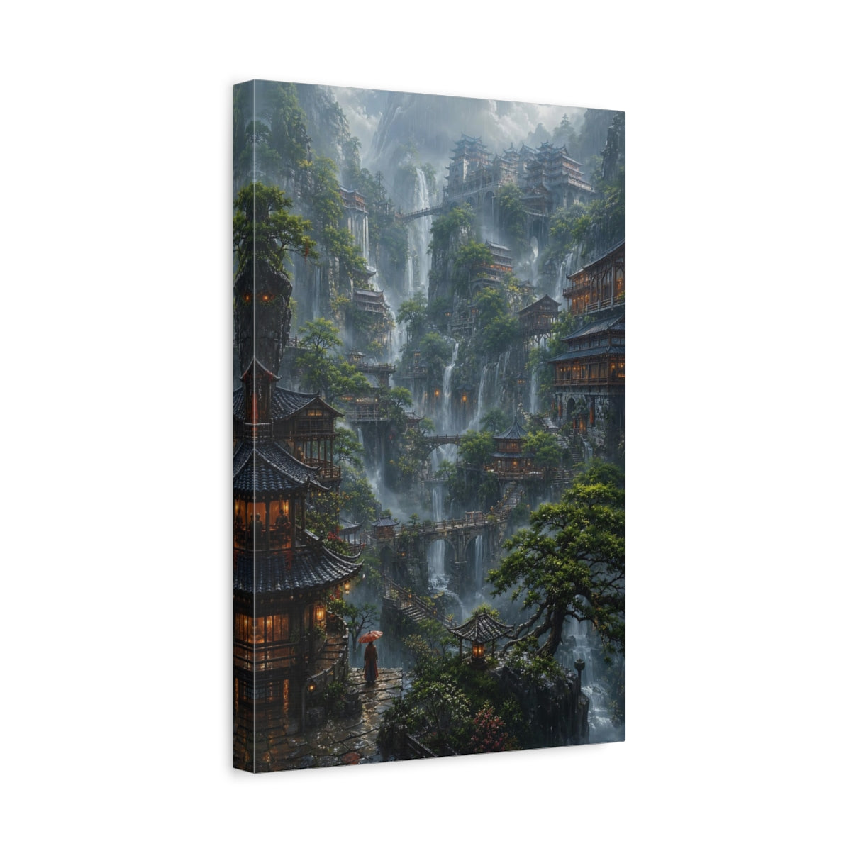 Side Mockup 4. Mistbound Mountain Temples shown as canvas print