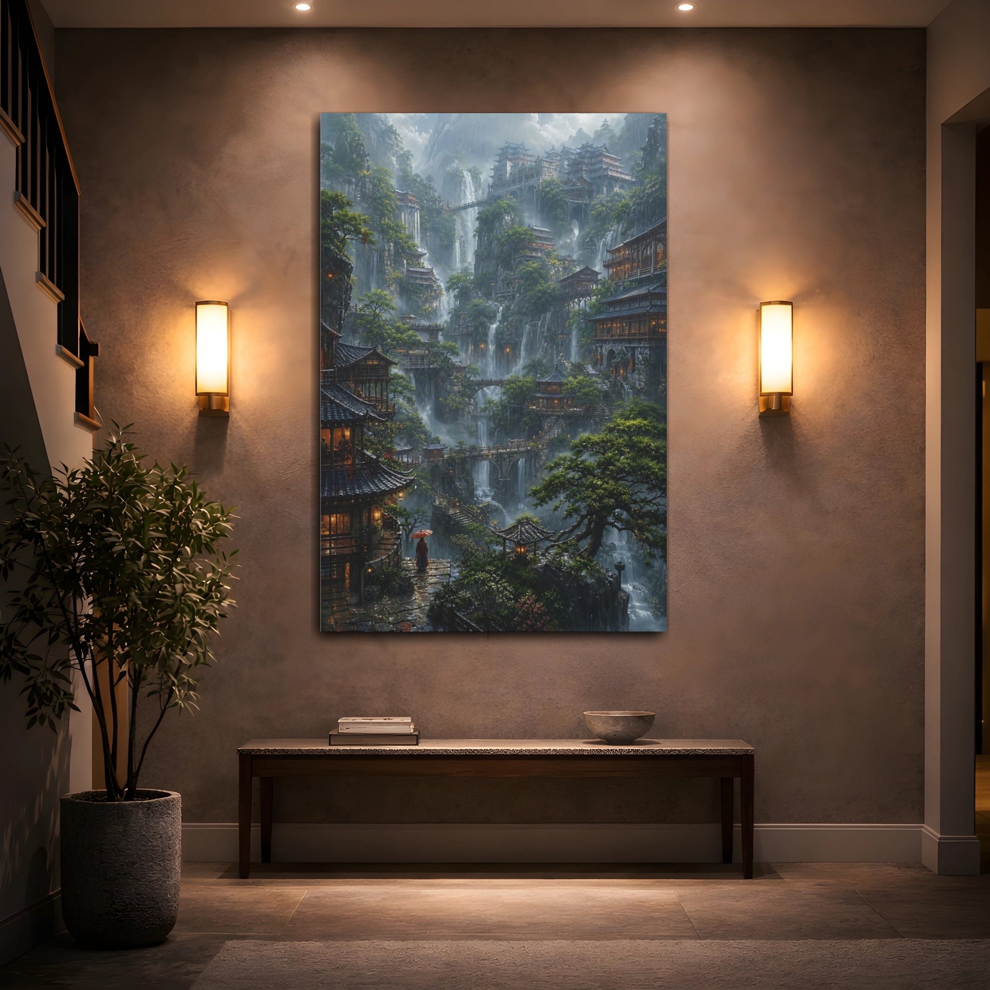 Mockup 2. Mistbound Mountain Temples shown as canvas print