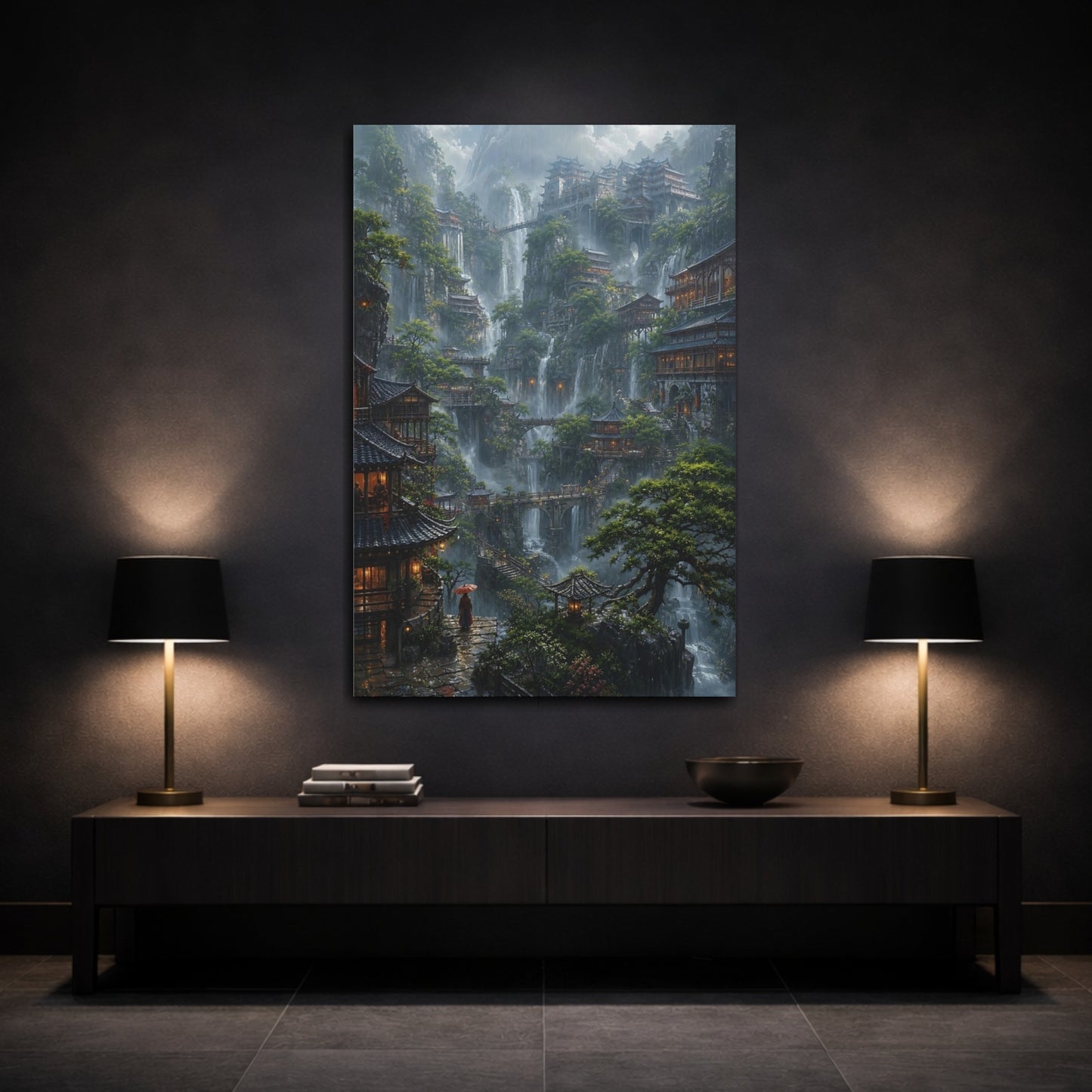 Mockup 3. Mistbound Mountain Temples shown as canvas print