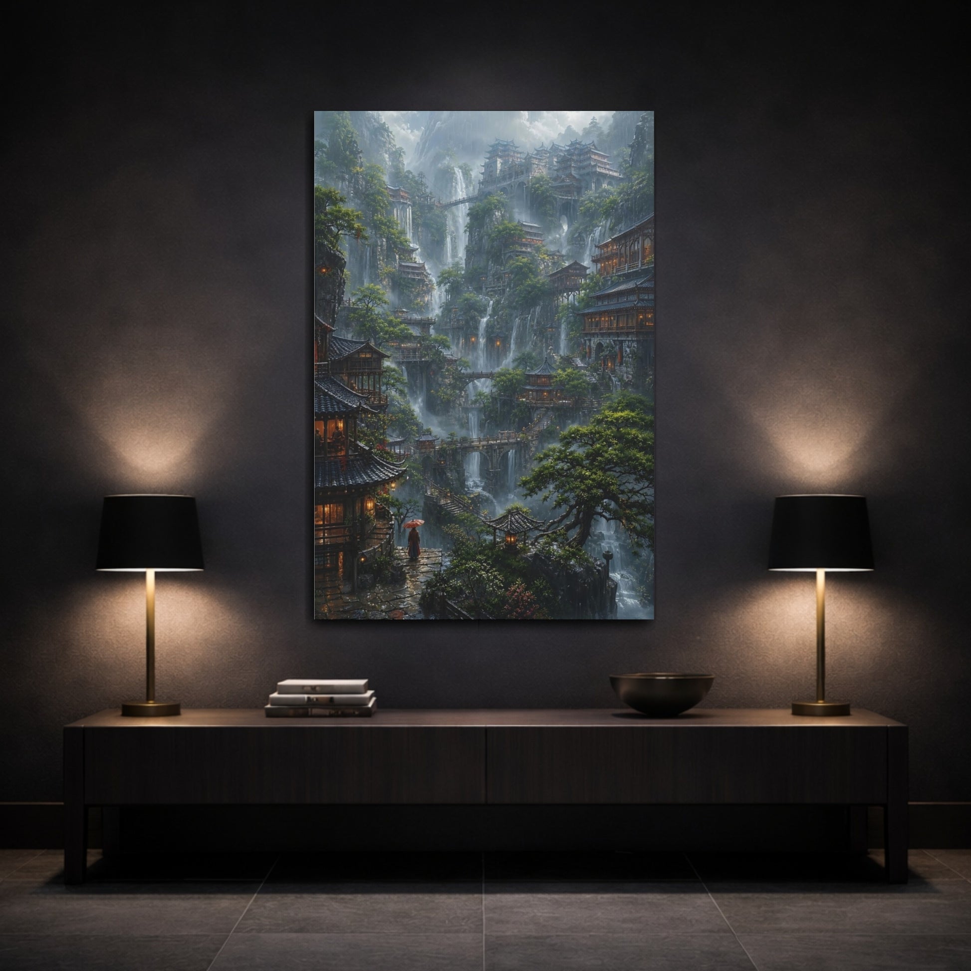 Mockup 3. Mistbound Mountain Temples shown as canvas print