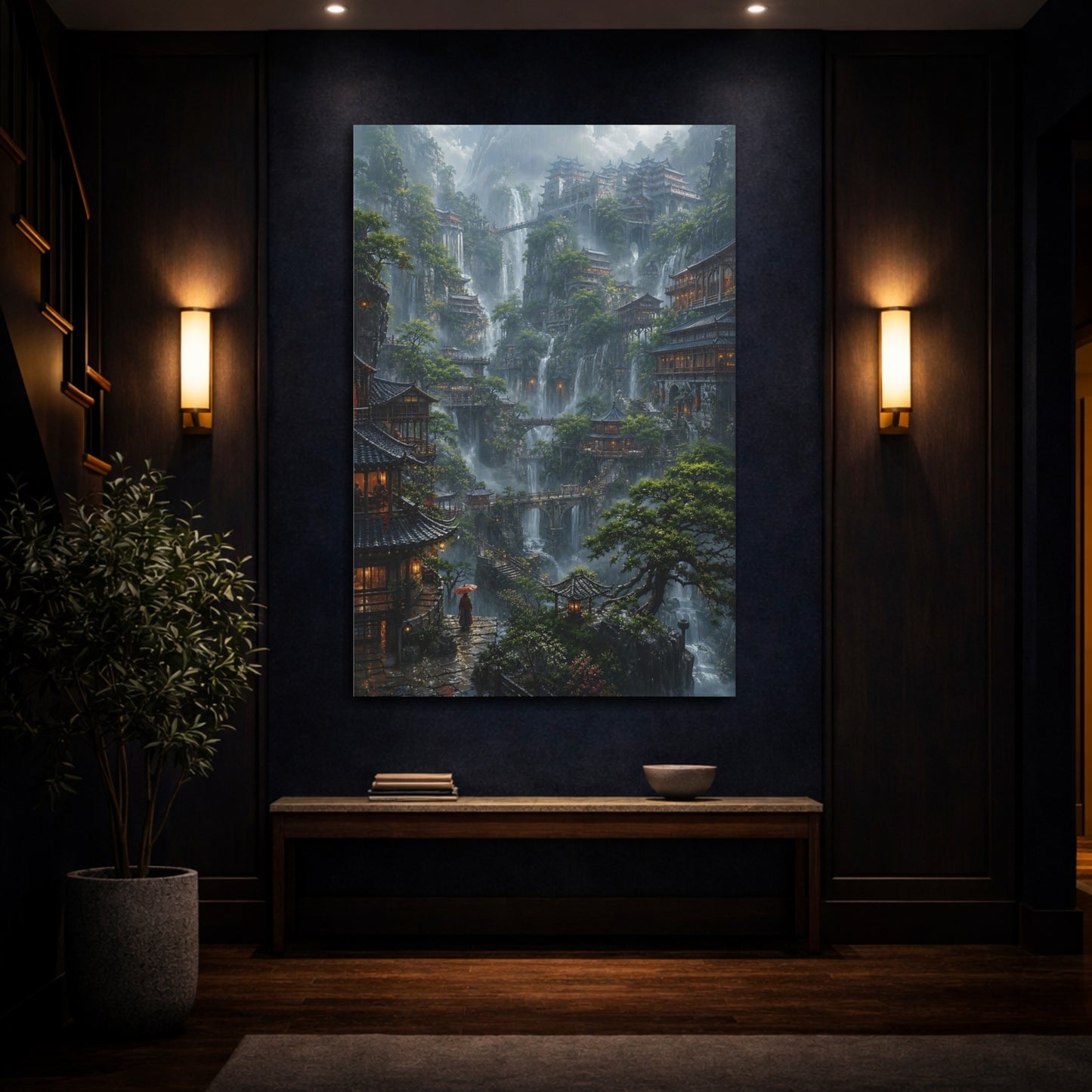 Mockup 4. Mistbound Mountain Temples shown as canvas print