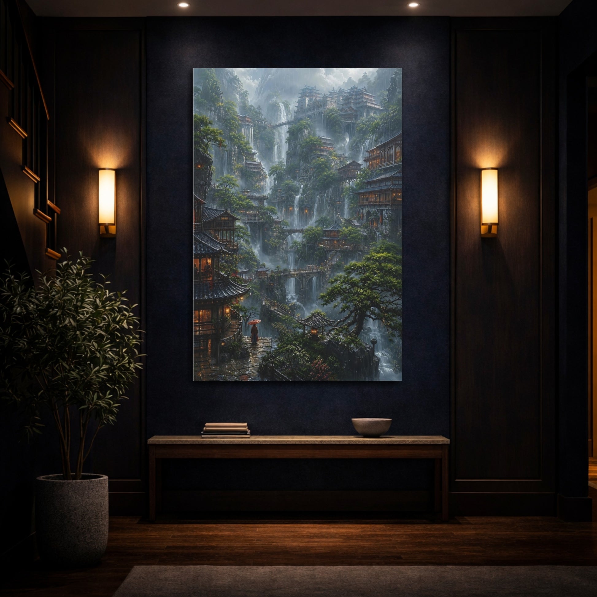 Mockup 4. Mistbound Mountain Temples shown as canvas print