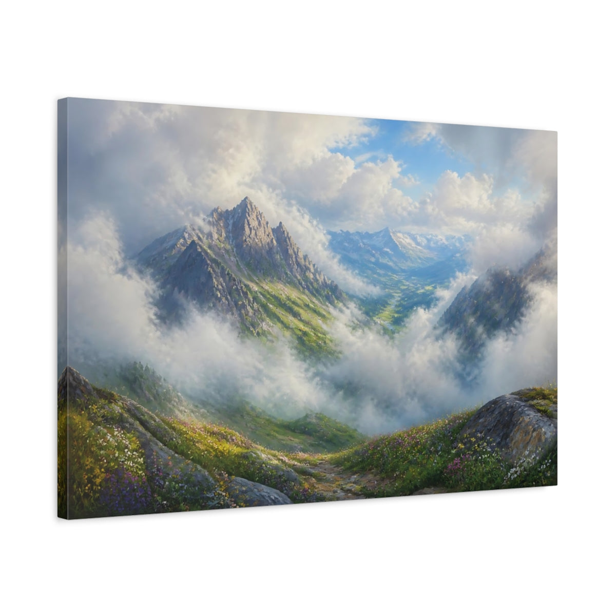 Side Mockup 2. Misty Alpine Valley shown as canvas print