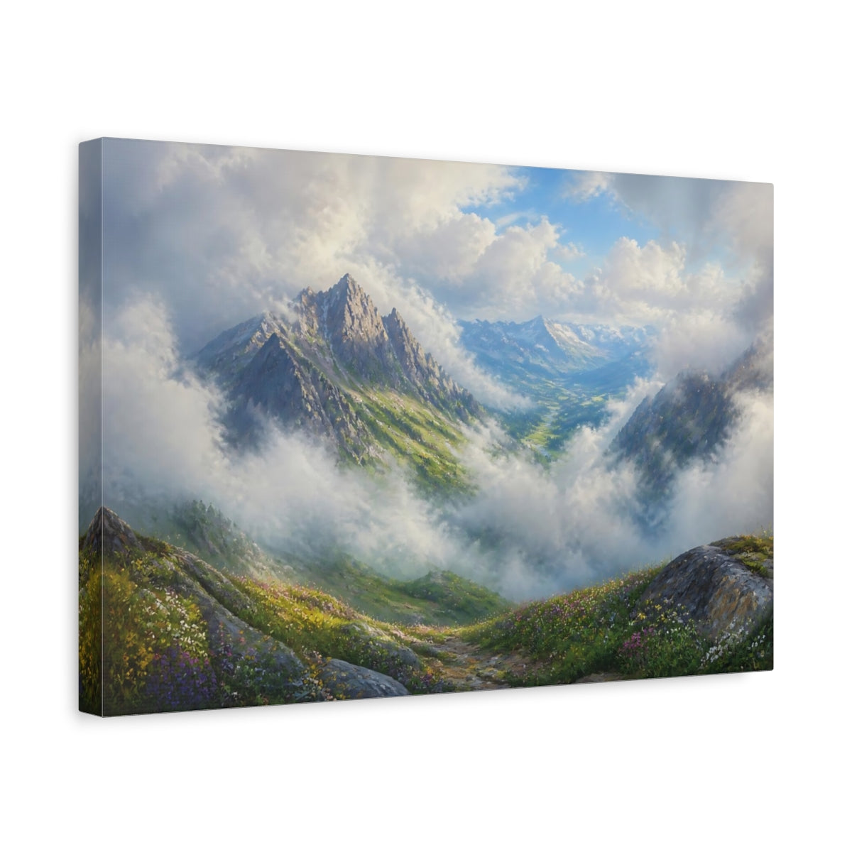 Side Mockup 4. Misty Alpine Valley shown as canvas print